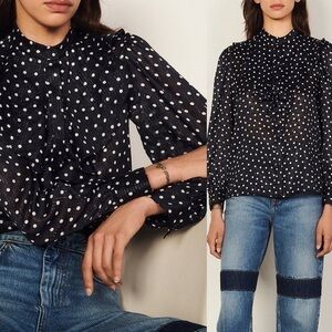 Sandro NWT Navy Jabot Polka Dot Long Sleeve Blouse Brand Sz 1 US S (4)